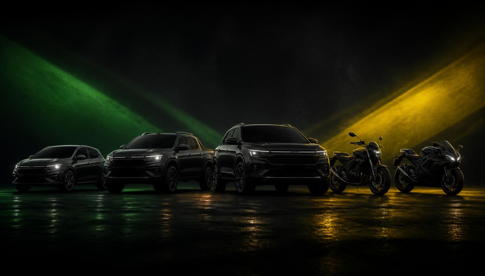 Carros e motos ilustrativos em ambiente escuro com luzes verdes e amarelas